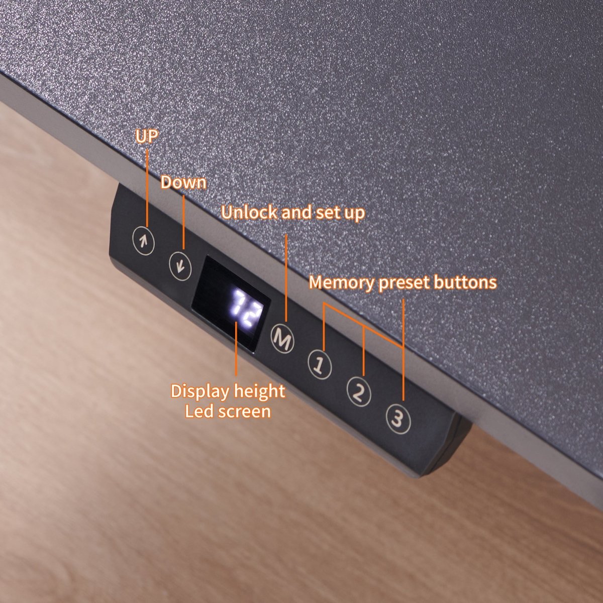 mart touch controller on the standing desk featuring an LED display, up and down arrows, and 3 memory preset buttons.