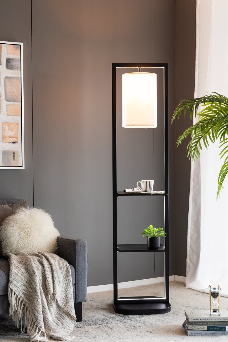 16.5" x 17" x 74" Shelving Floor Lamp, Black with Two Display Shelves (Not include Bulb)