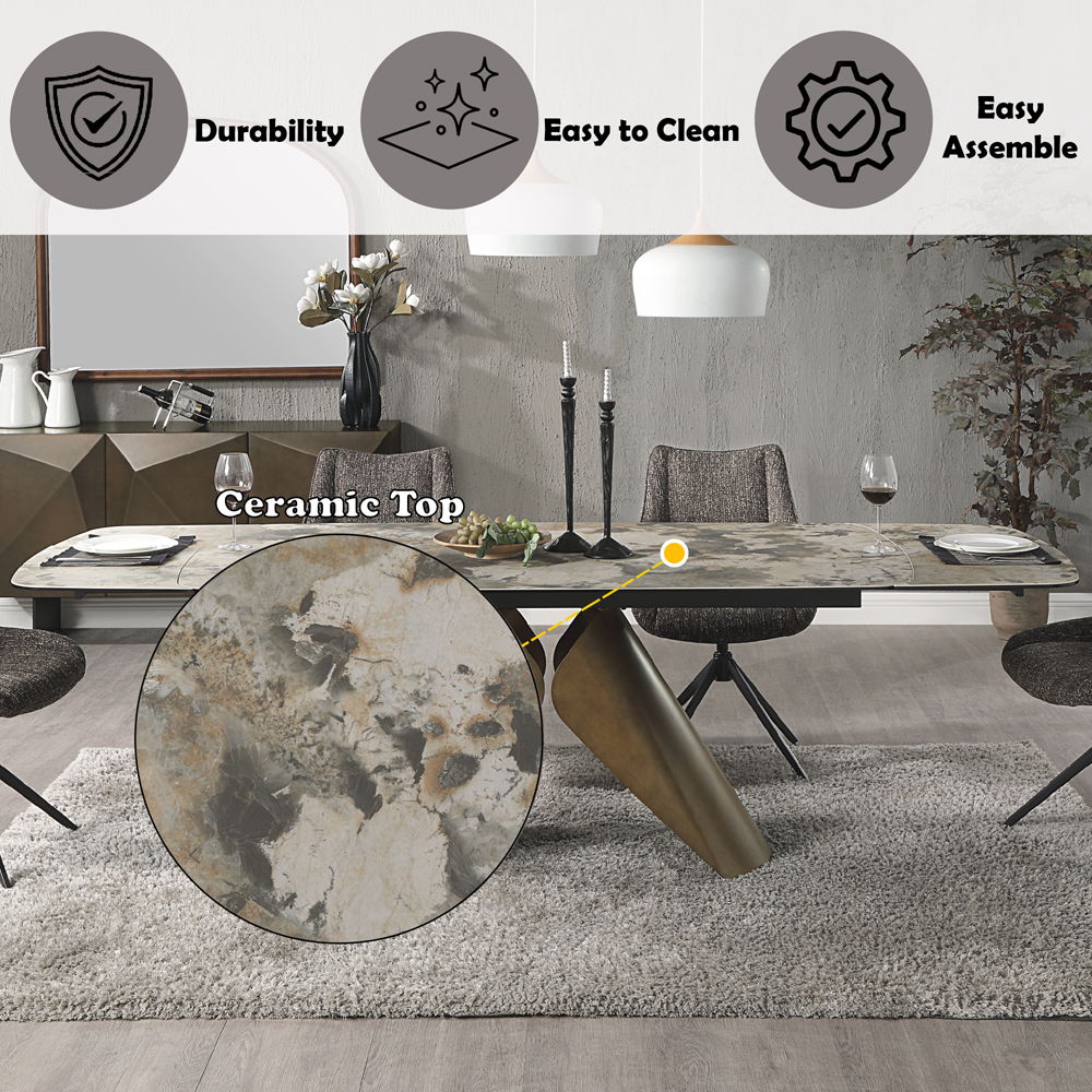 Malika Extendable Ceramic Dining Table (71"-102") with Sculptural Copper Base