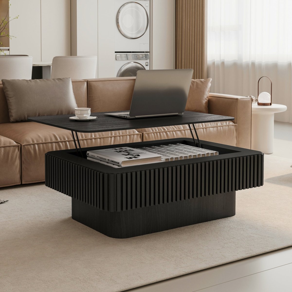 38.6" Black Fluted Lift-Top Coffee Table | Drop Ship Delivery