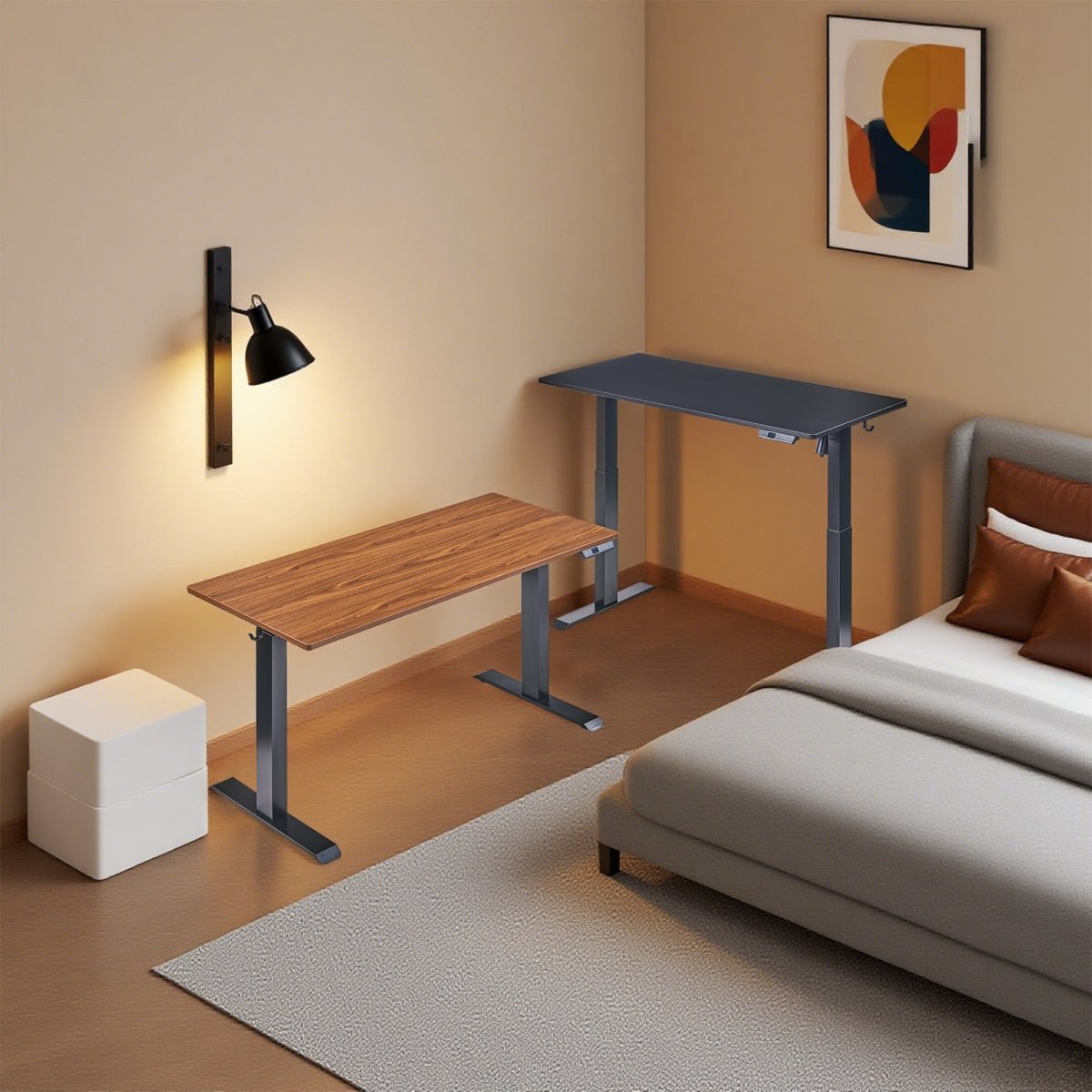 Electric standing desk with walnut-look top in a warm modern room