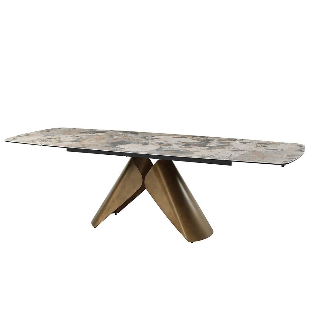 Malika Extendable Ceramic Dining Table (71"-102") with Sculptural Copper Base