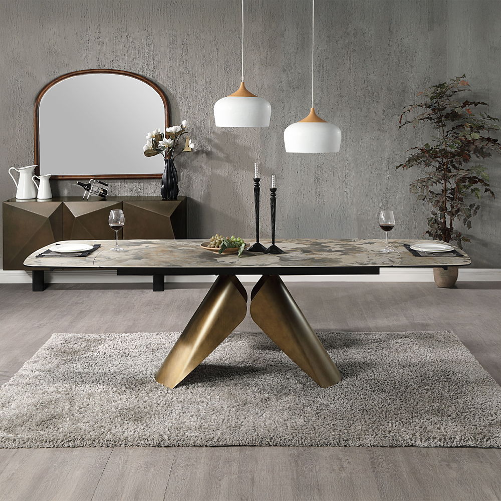 Malika Extendable Ceramic Dining Table (71"-102") with Sculptural Copper Base