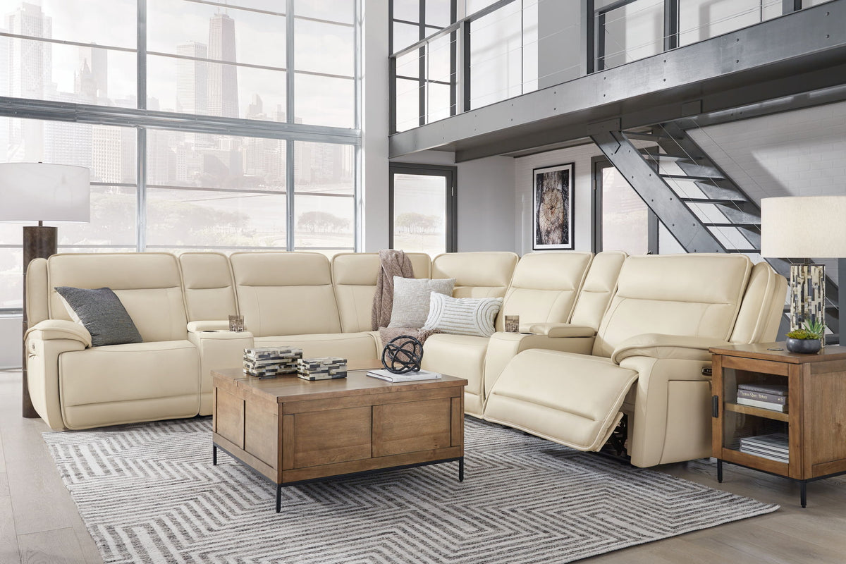 Double Deal - 7-Piece Power Reclining Sectional With 2 Consoles - Almond