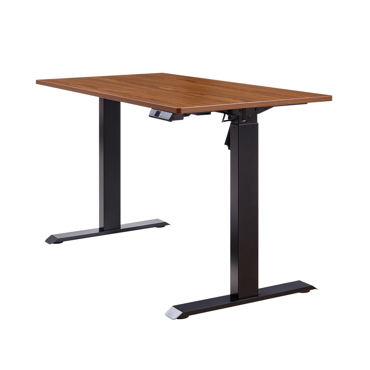 Three-quarter view of the electric standing desk and one-piece top
