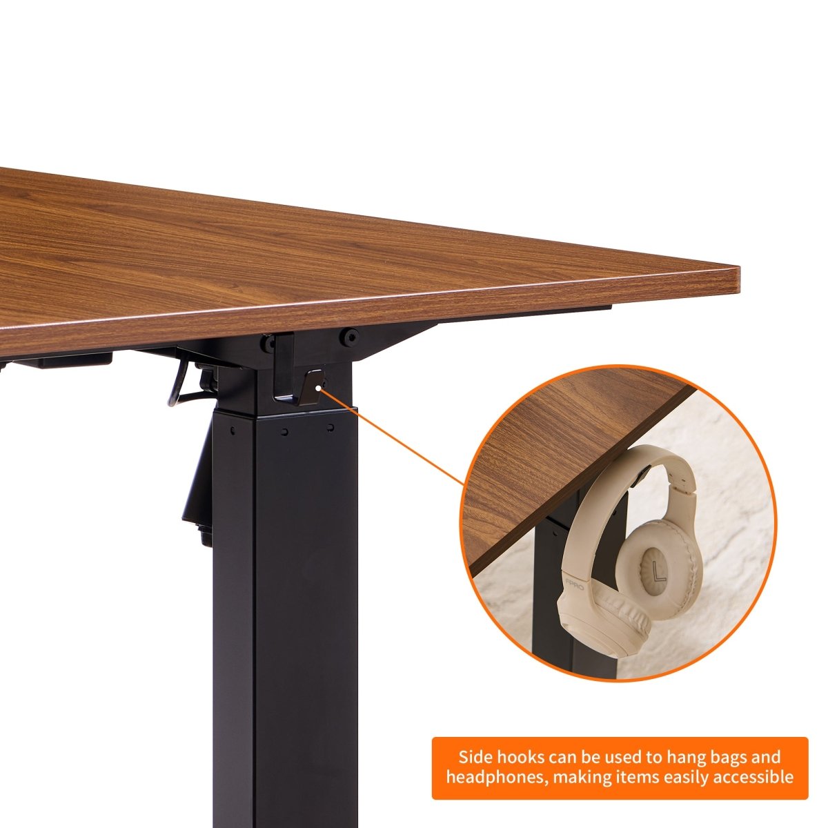 Close-up of the standing desk frame connection beneath the desktop