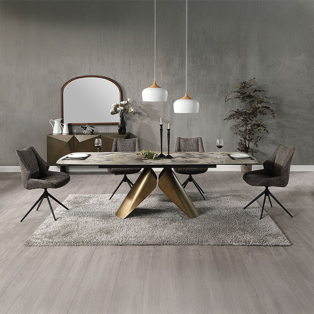Malika Extendable Ceramic Dining Table (71"-102") with Sculptural Copper Base