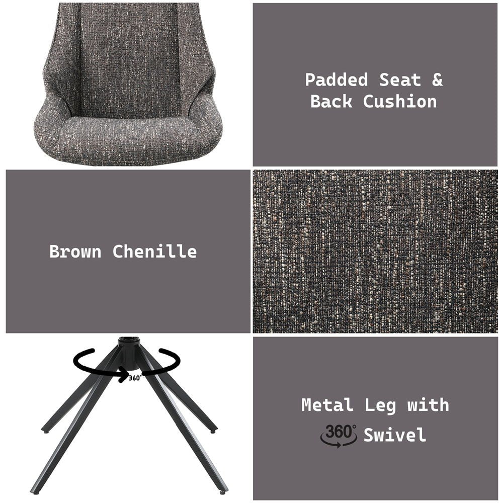 Malika 360° Swivel Upholstered Dining Chairs (Set of 2), Brown Chenille
