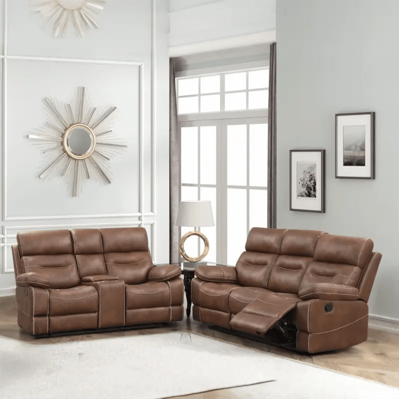 Casual Space 2 - Piece Brown Reclining Sofa Set | Sofa & Loveseat with Storage Console - Leisure Space