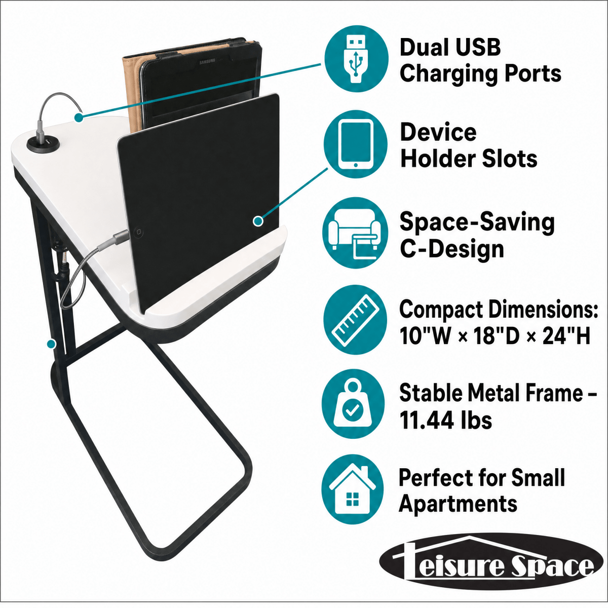 A compact desk chair with an attached white desktop and black metal frame, shown with callout icons and text listing features such as dual USB charging ports, device holder slots, space-saving C-design, compact dimensions, stable metal frame, and suitability for small apartments. The Leisure Space logo appears at the bottom right.