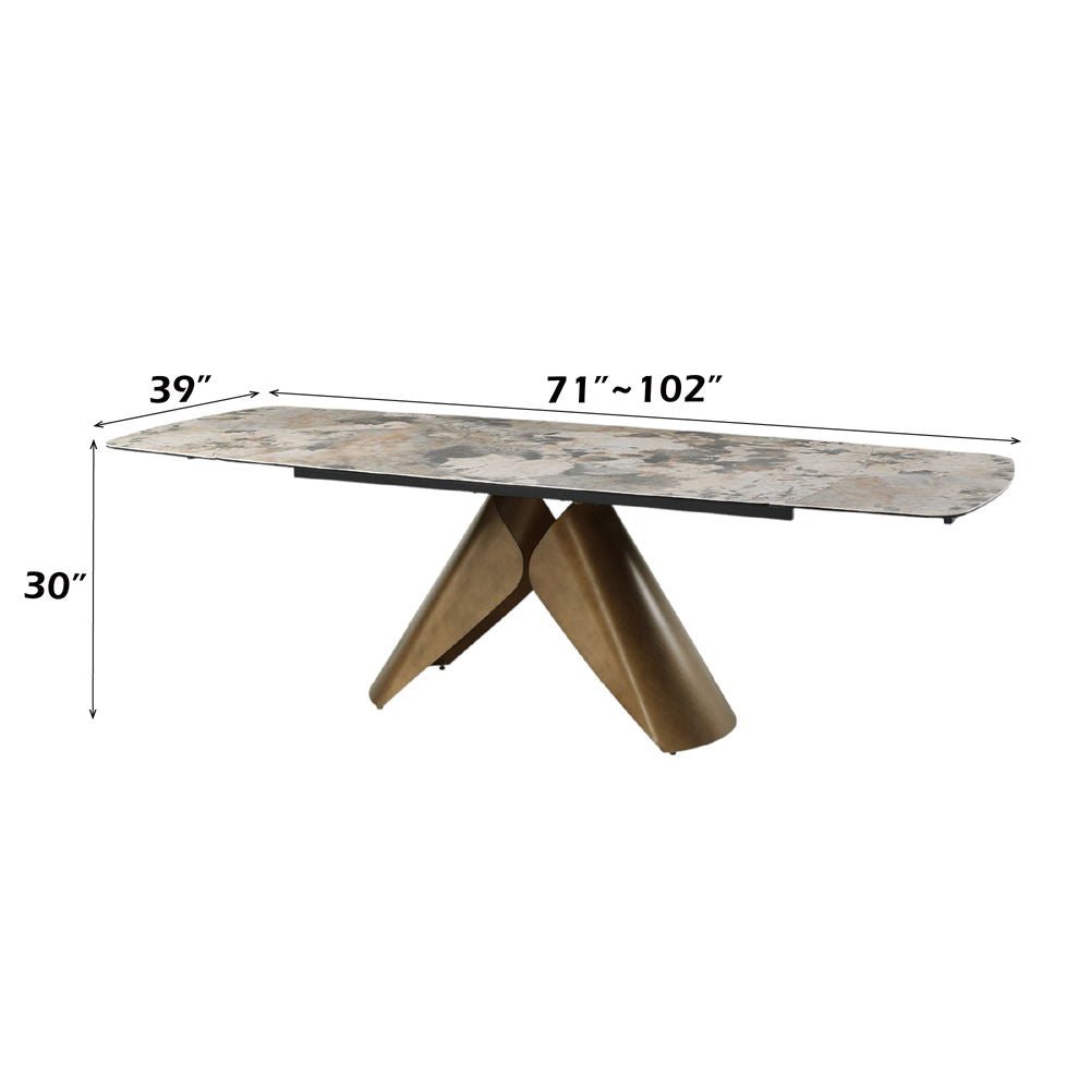 Malika Extendable Ceramic Dining Table (71"-102") with Sculptural Copper Base