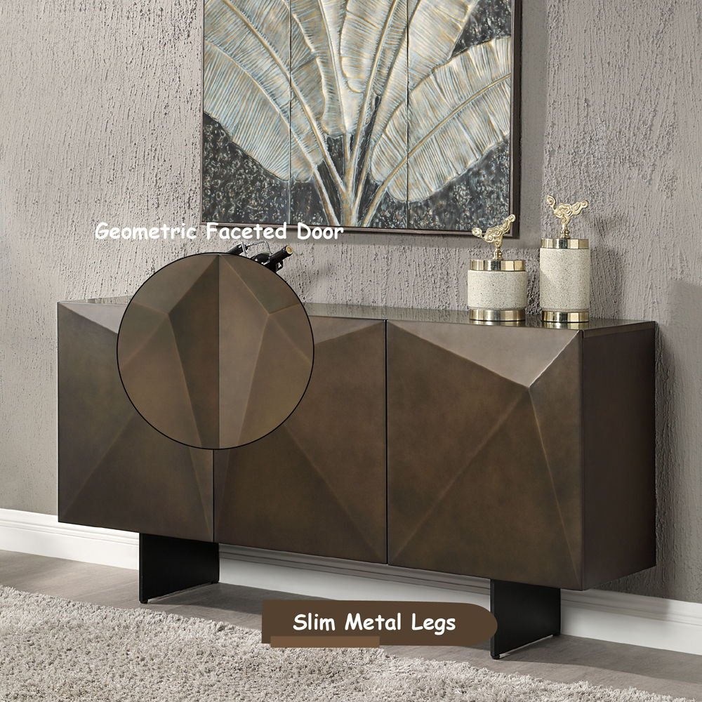 Malika 63" Dining Room Geometric Server with Ceramic Top and Geometric Faceted Doors