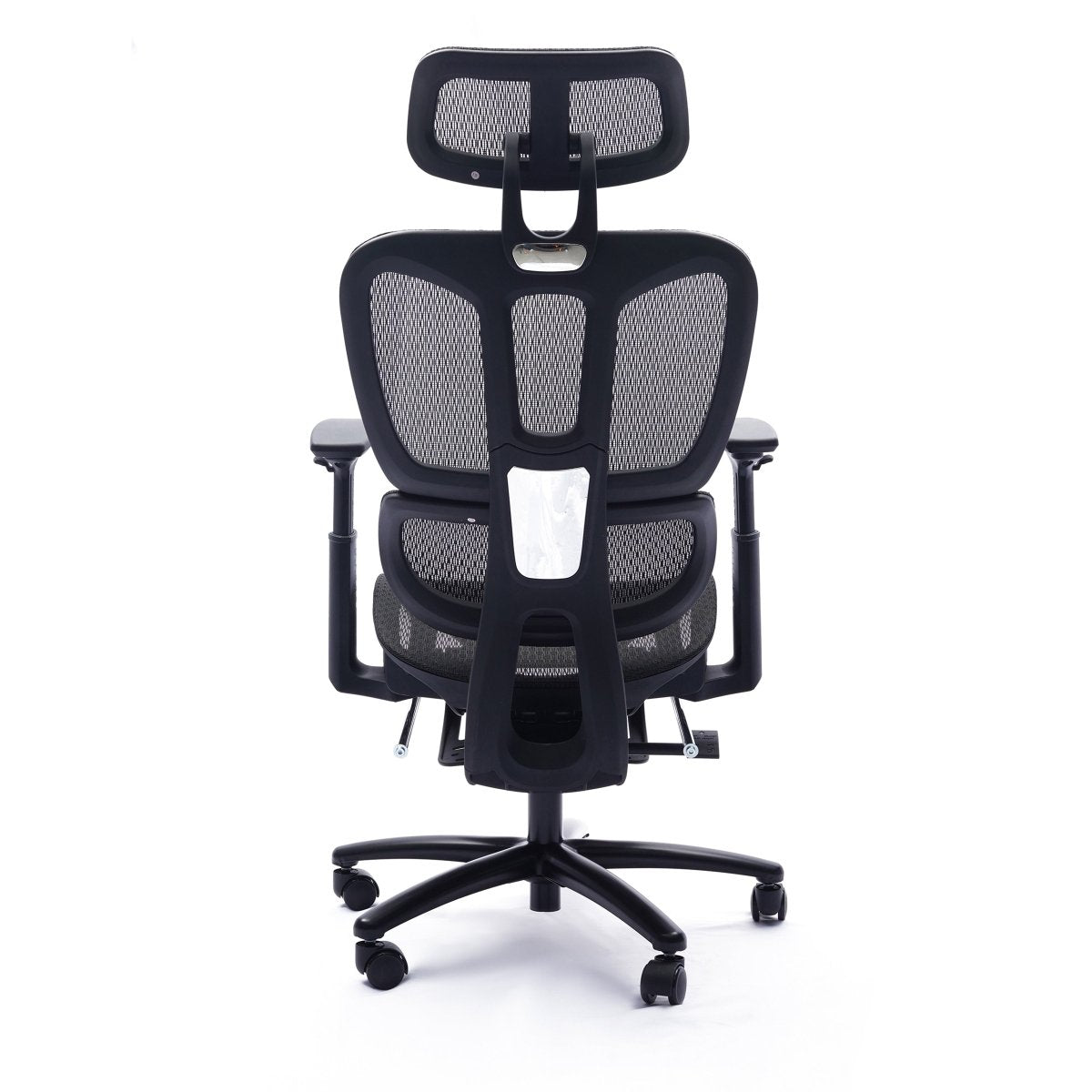 Rear view of the Sealy Huxley office chair showing the black mesh back panels, headrest frame, armrests and five-star caster base.