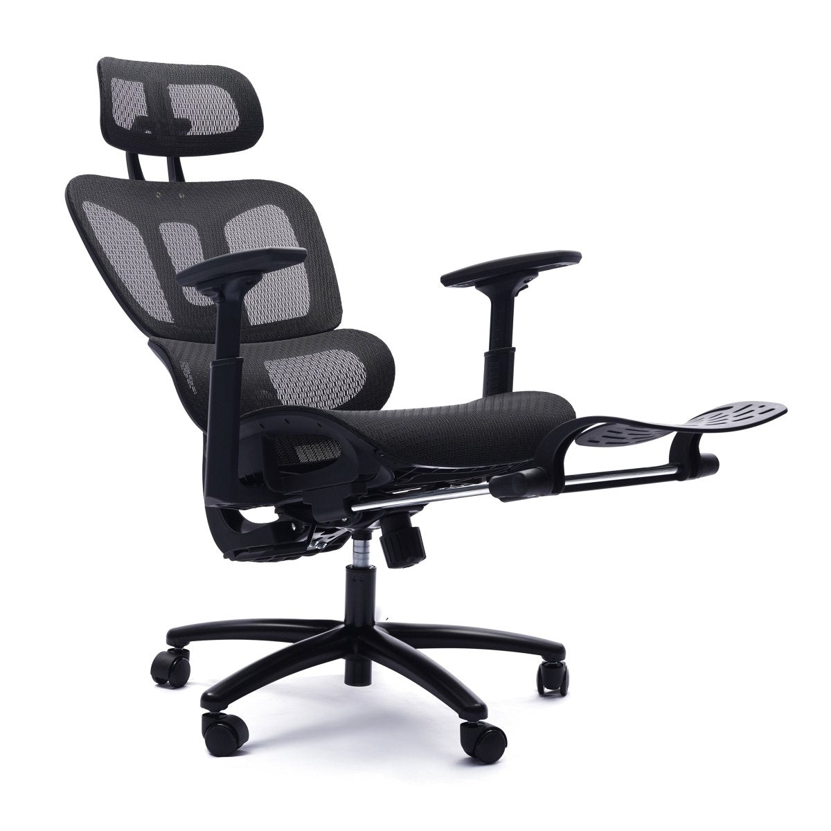 Sealy Huxley black mesh office chair reclined with the built-in footrest extended, showing the headrest and adjustable armrests.