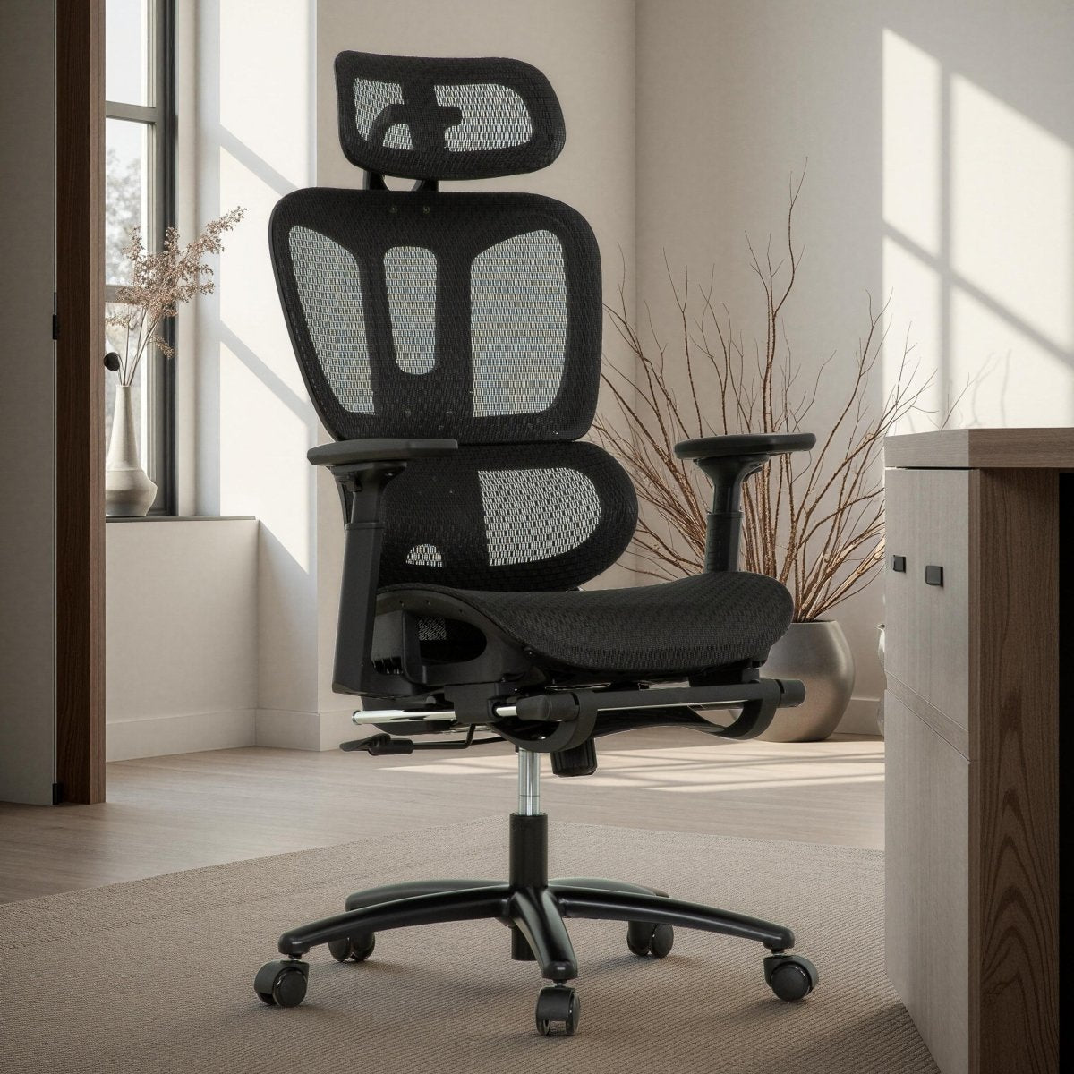 Sealy Huxley black mesh ergonomic office chair displayed beside a desk and window in a modern home office.