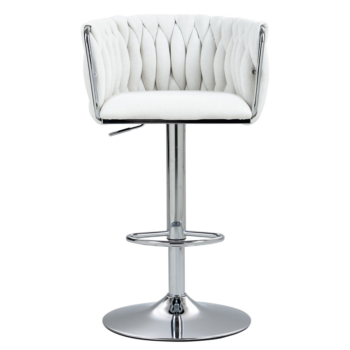 w2215p184992 - Front view of beige adjustable swivel bar stool with silver pedestal base
