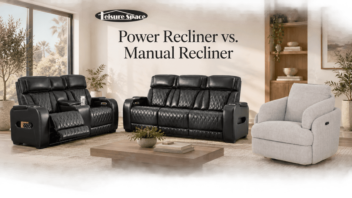 The cover photo for the blog Power Recliner vs. Manual Recliner. Comparing a black power recleining set and a manual recliner. 