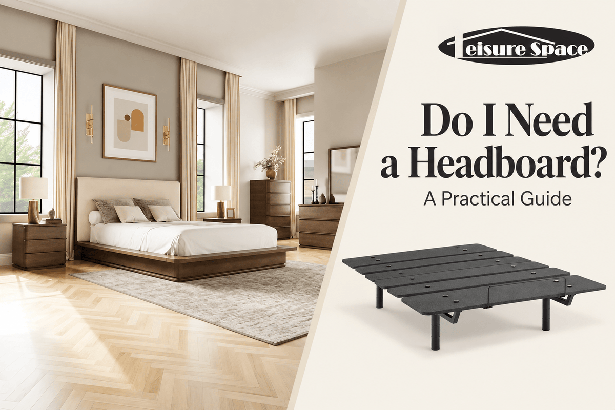 Blog cover titled "Do I Need a Headboard? A Practical Guide" comparing a modern bed with an upholstered headboard to a bare metal platform frame.