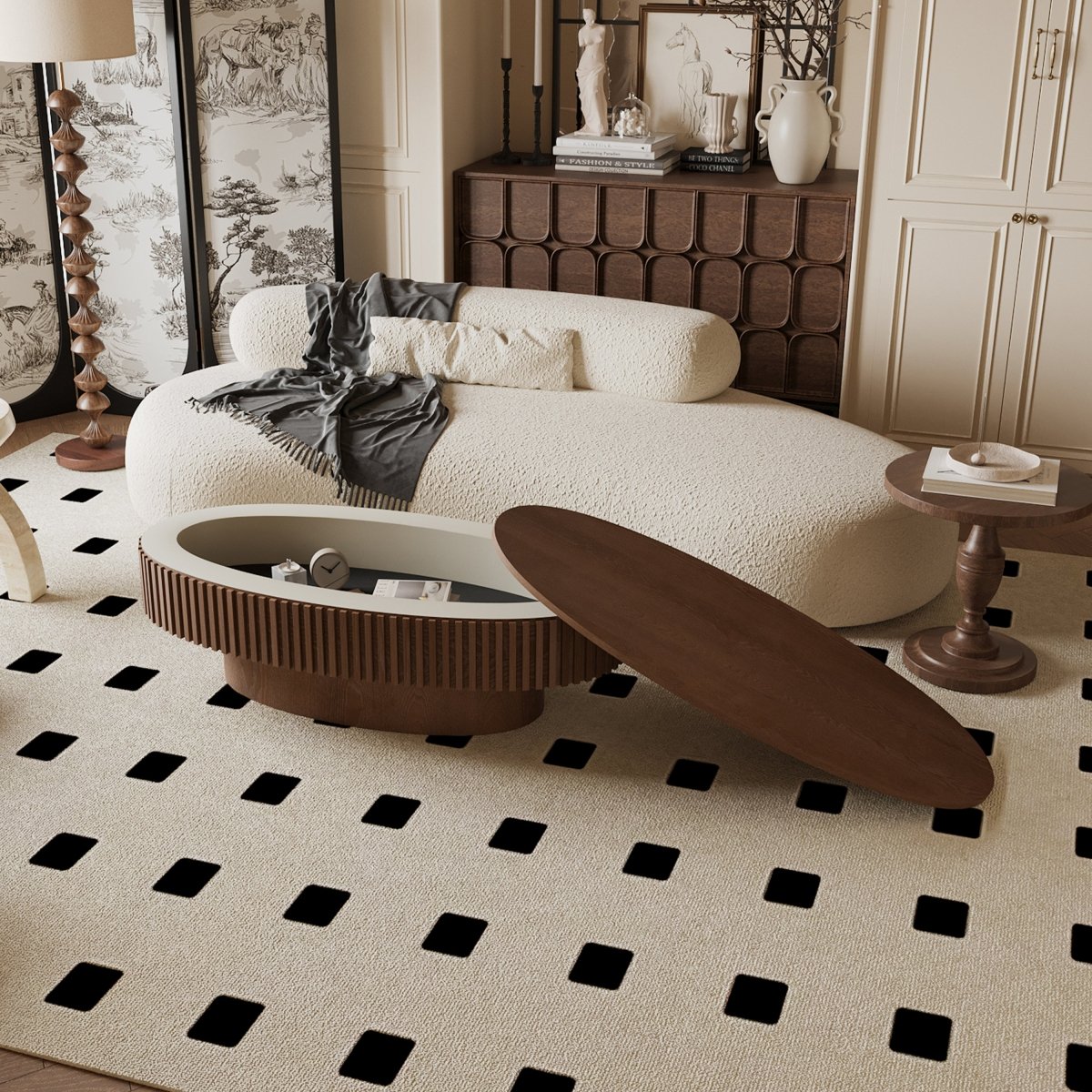 Walnut oval coffee table shown with the lid removed, exposing the hidden interior storage area.