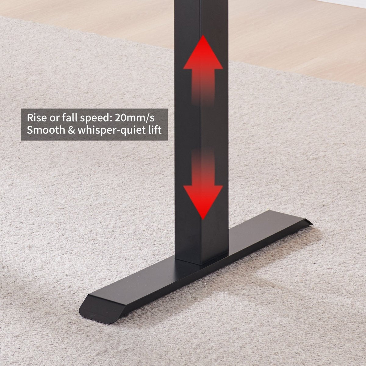 Close-up of the black metal desk leg demonstrating a smooth and whisper-quiet lift speed of 20mm per second.