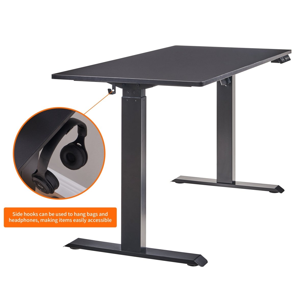 Side view of the black standing desk featuring a built-in side hook for hanging headphones or bags.