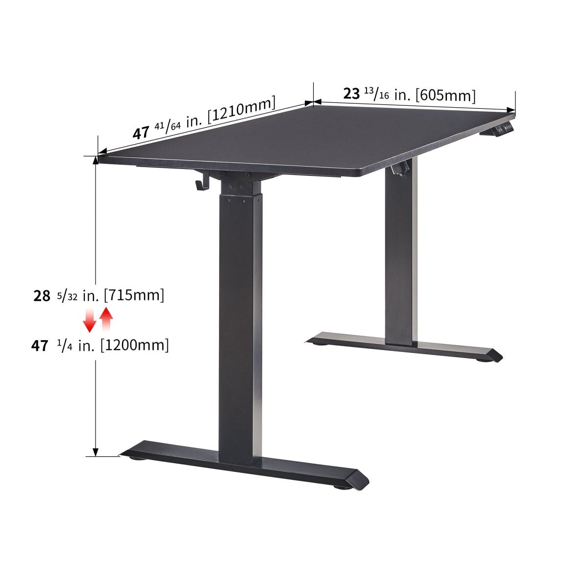 Dimensions of the 48-inch black electric standing desk showing a length of 47.6 inches and a width of 23.8 inches.