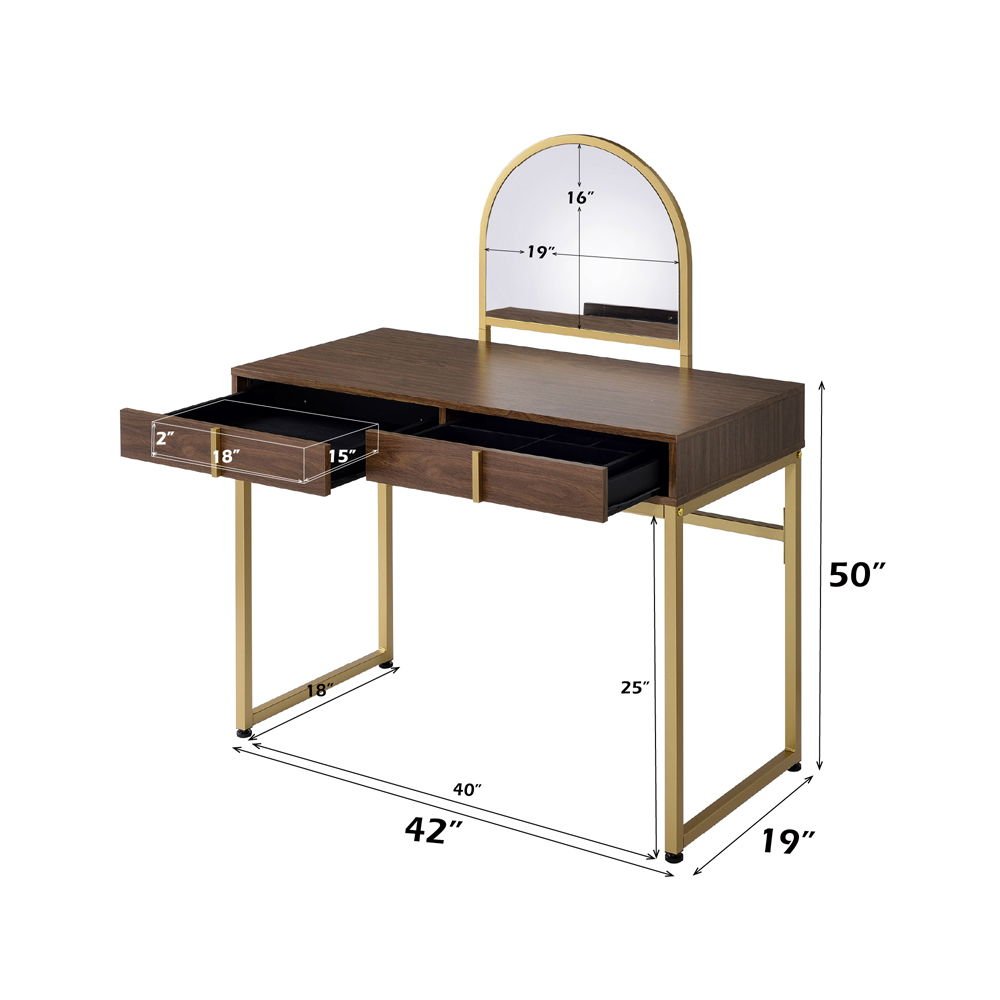 Coleen - 50" Vanity Desk With Mirror & Jewelry Tray - Walnut & Gold