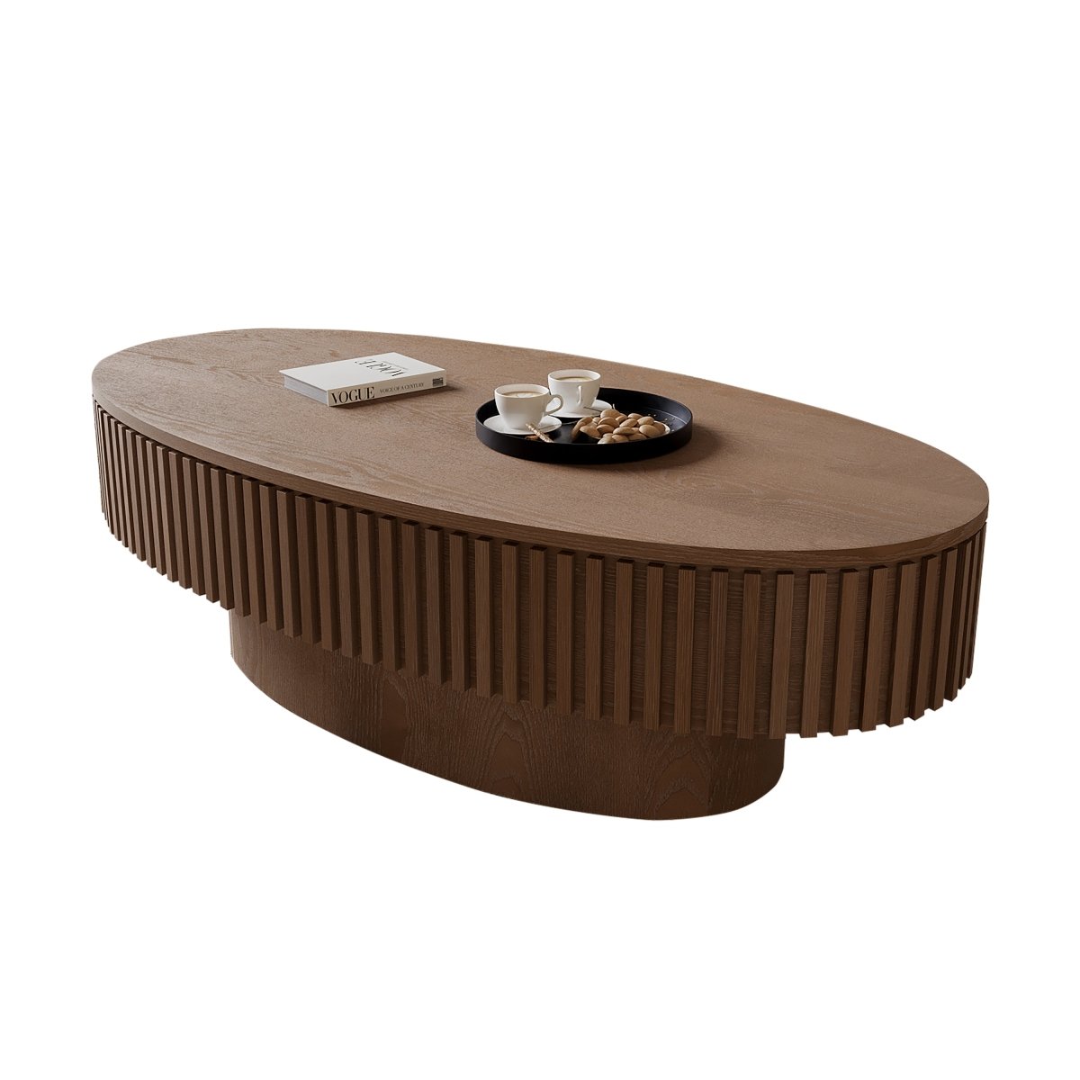 Front isolated view of the walnut oval coffee table showing the fluted apron and rounded pedestal base.