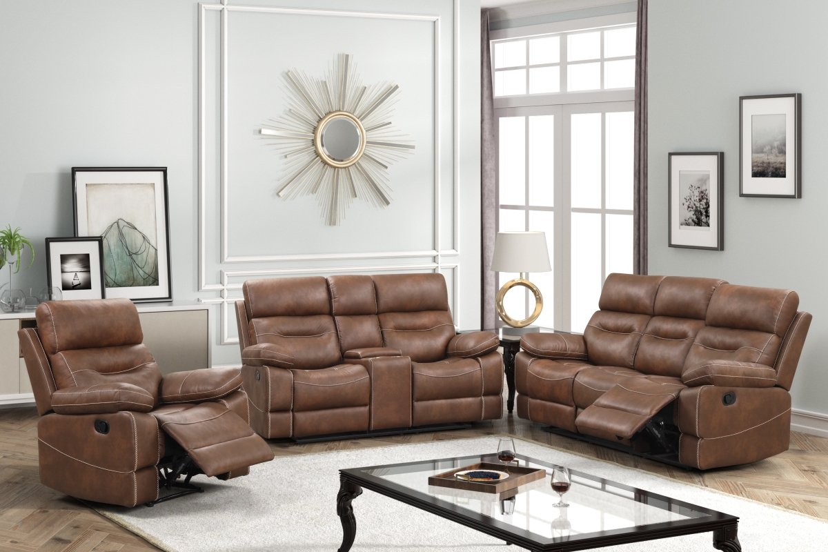 Casual Space - 3 Piece Brown Reclining Sofa Set (Loveseat with Console, 2 Cup Holders, and a Storage) - Leisure Space