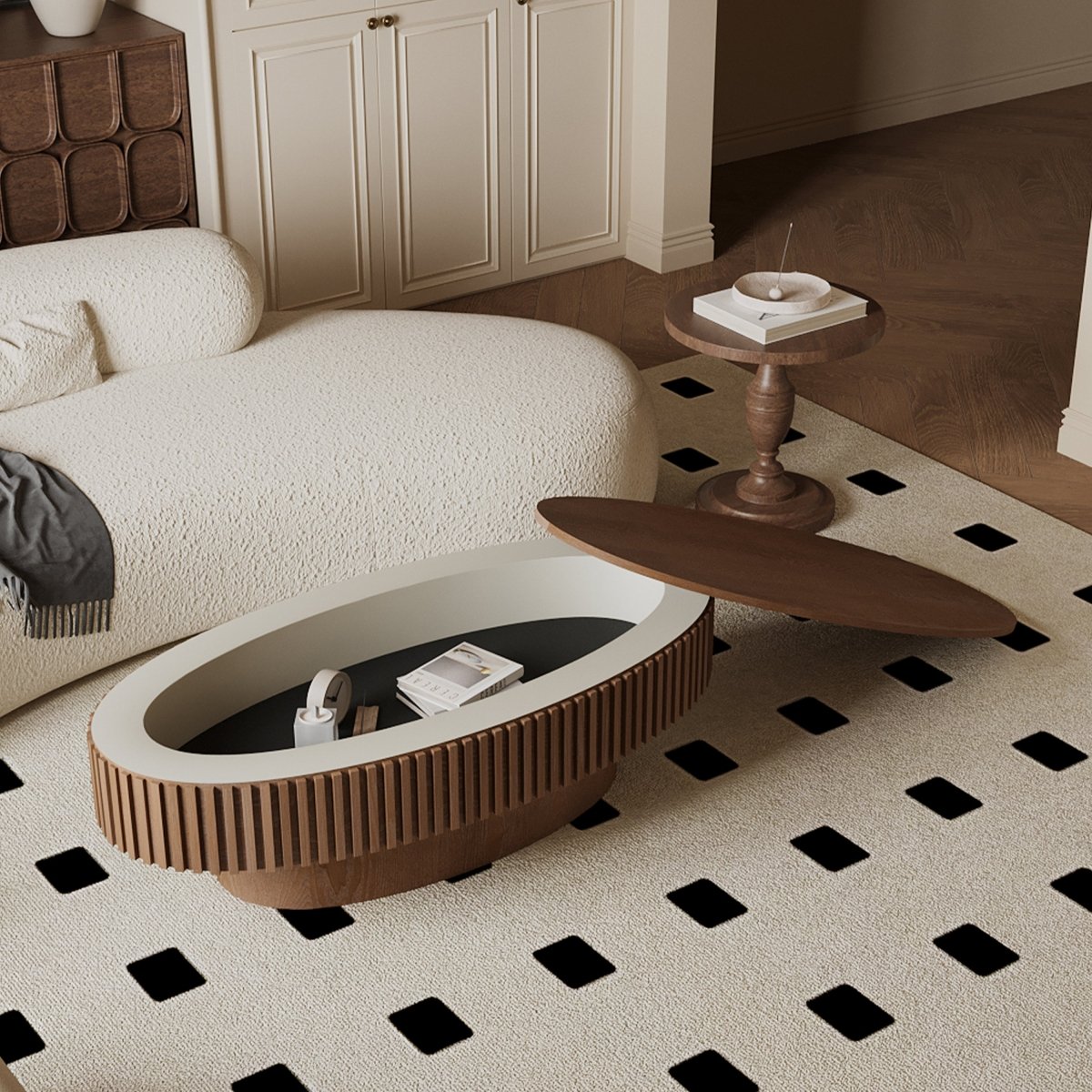 Walnut oval storage coffee table shown open in a styled living room with the removable lid resting beside the table.