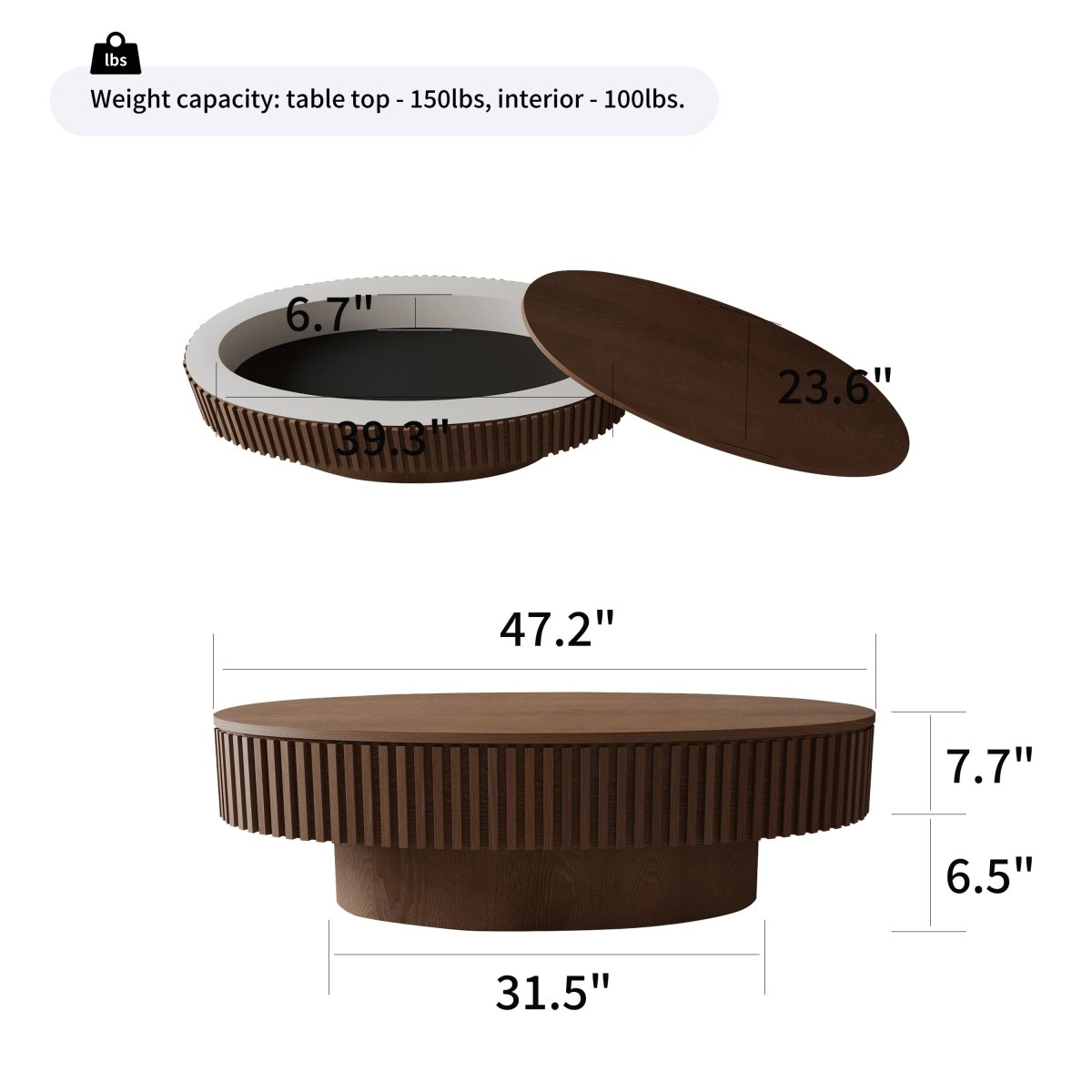 Dimension graphic for the walnut oval coffee table showing 47.2-inch length, 23.6-inch width, 14.2-inch height and listed storage capacities.