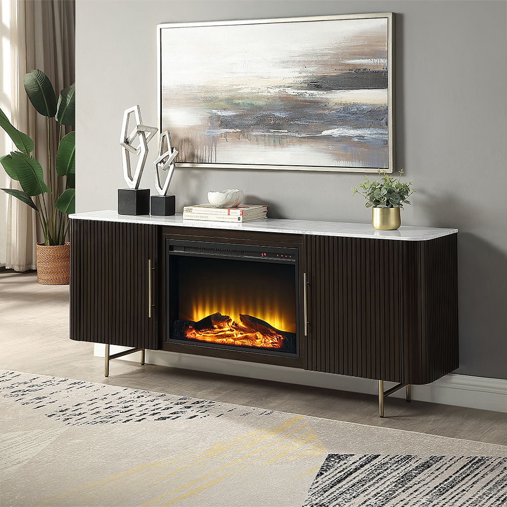 Clayten - Server With Marble Top & Fireplace - White & Espresso