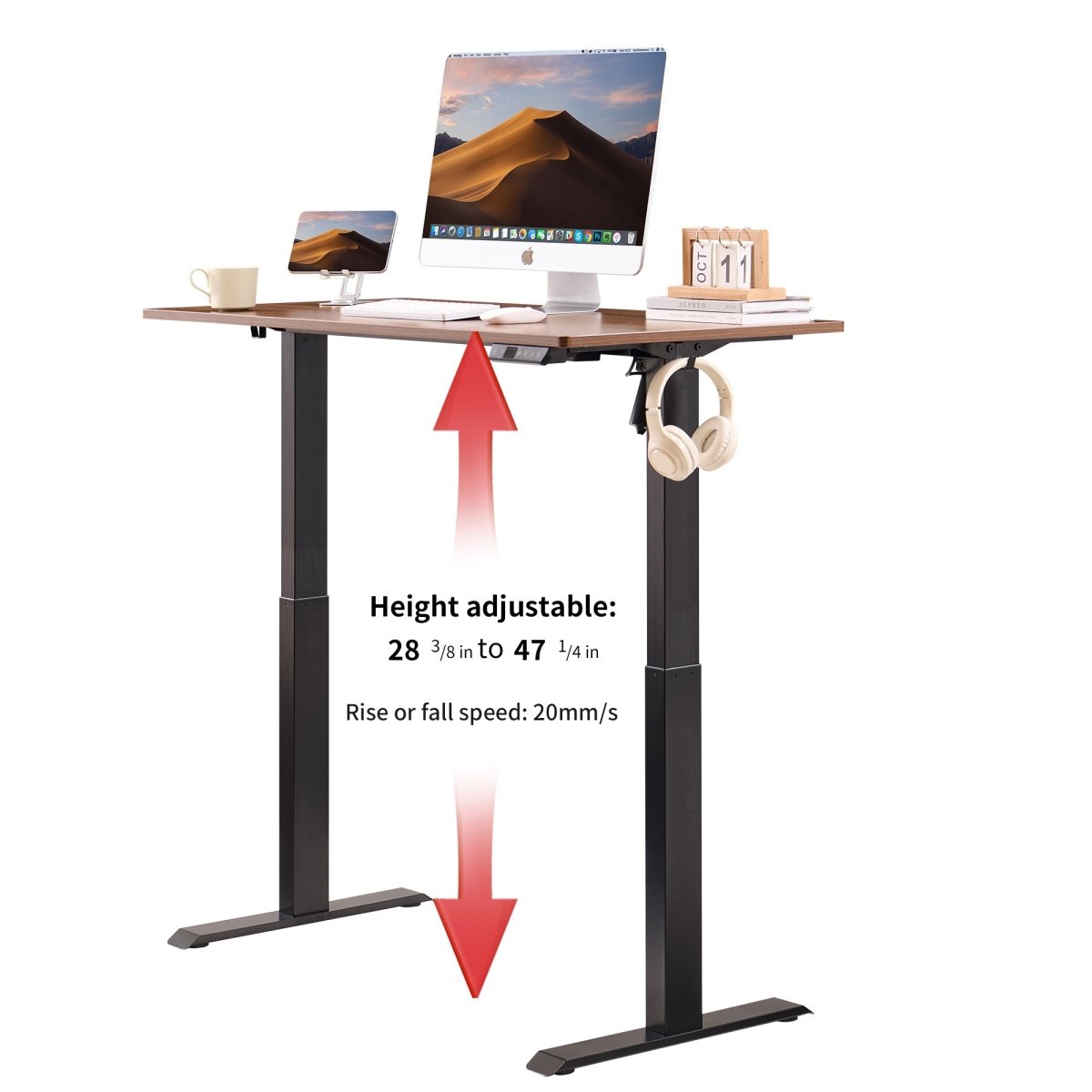 Standing desk height-range graphic with upward and downward arrows