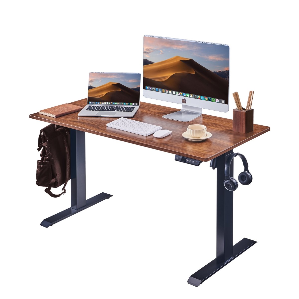 48-inch electric standing desk with walnut-look top in a bright home office
