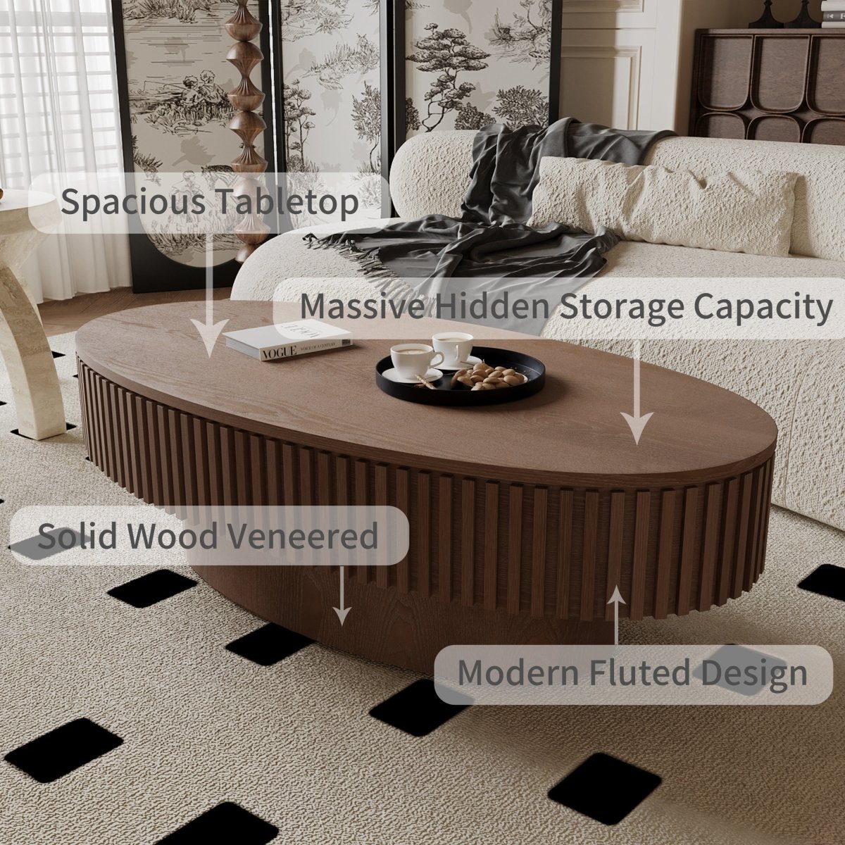 Feature graphic of the walnut oval coffee table highlighting the spacious tabletop, hidden storage and fluted exterior design.