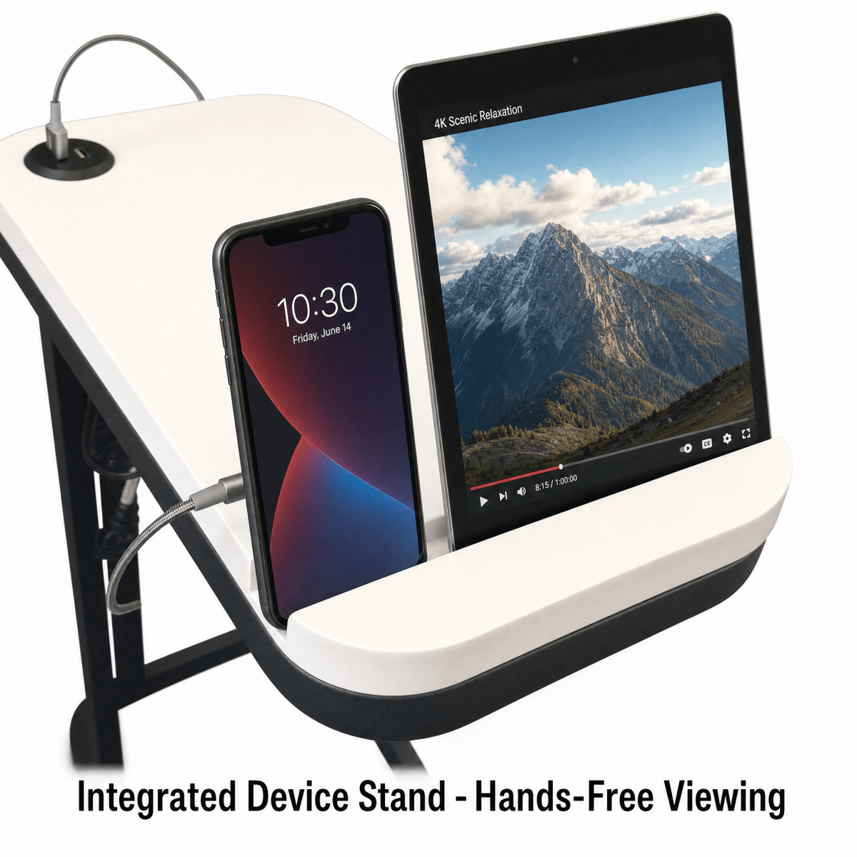 A white and black folding desk with an integrated device stand holding a smartphone and a tablet, shown on a white background with the text 'Integrated Device Stand - Hands-Free Viewing' at the bottom.