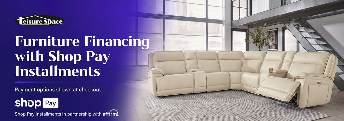 A large cream sectional sofa with reclining sections is shown in a modern loft-style room with large windows and a staircase. The left side has a purple promotional banner reading 'Furniture Financing with Shop Pay Installments' and includes the Leisure Space and shopPay branding.