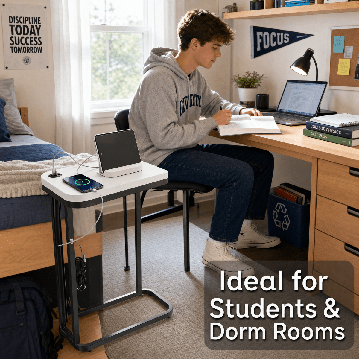 A white and black portable lap desk shown in a student's dorm room, with a young man sitting at his wooden desk using it to charge his laptop and phone. The scene includes a bed, shelves, and motivational posters.