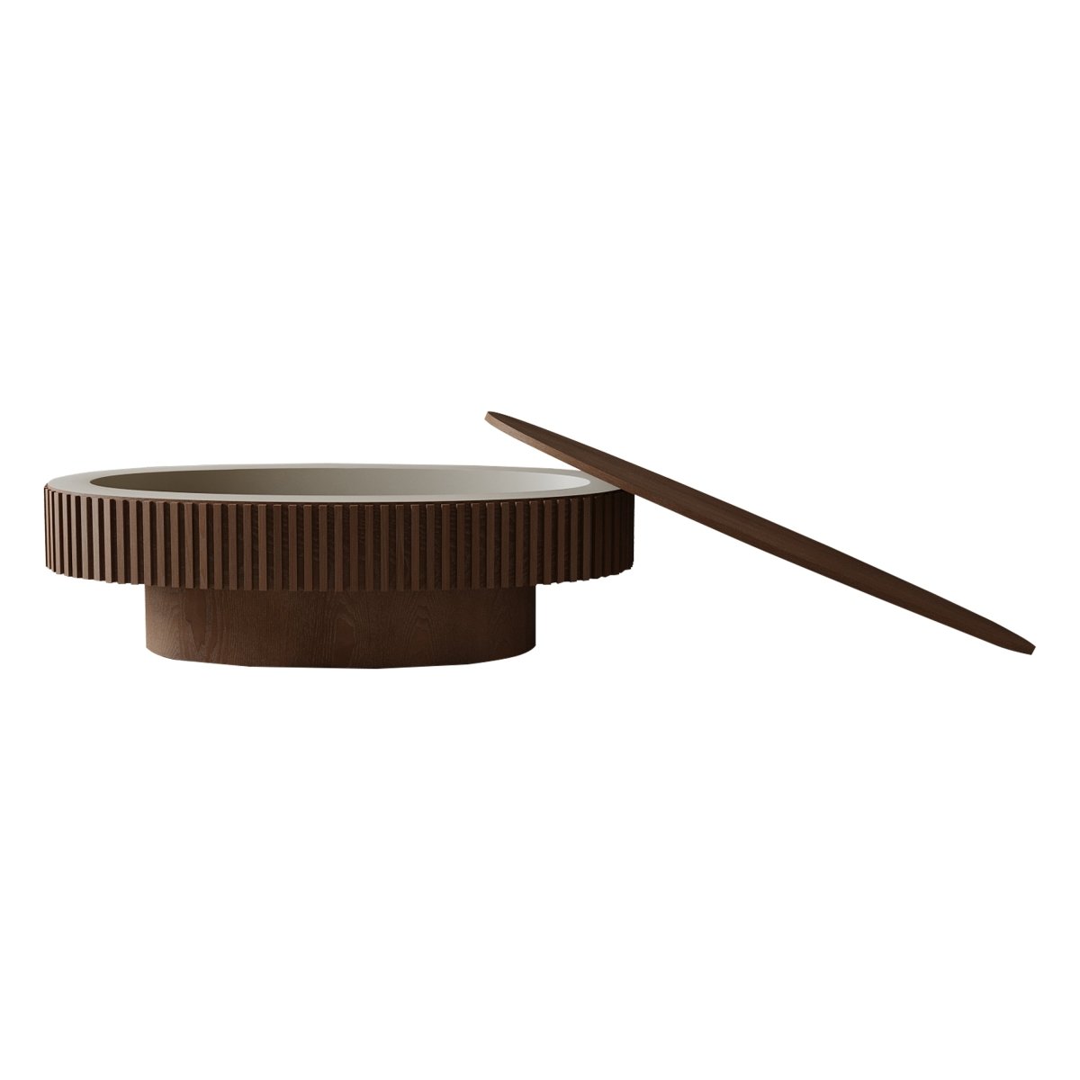 Side isolated view of the walnut coffee table with the removable lid lifted away from the storage base.