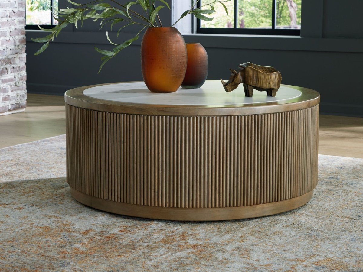 Camdill - Round Cocktail Table - Light Brown / White
