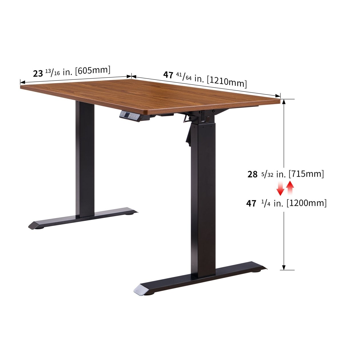 Side detail of the standing desk top, black frame, and control unit