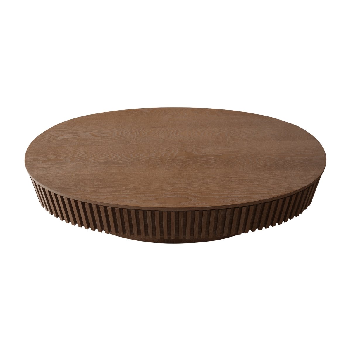 Top isolated view of the walnut oval coffee table showing the elongated oval tabletop and wood-grain surface.
