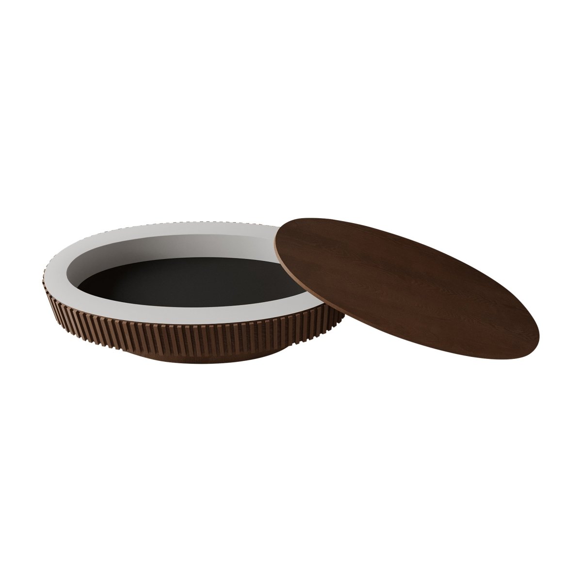 Three-quarter isolated view of the walnut oval coffee table open with the removable lid resting beside the storage compartment.
