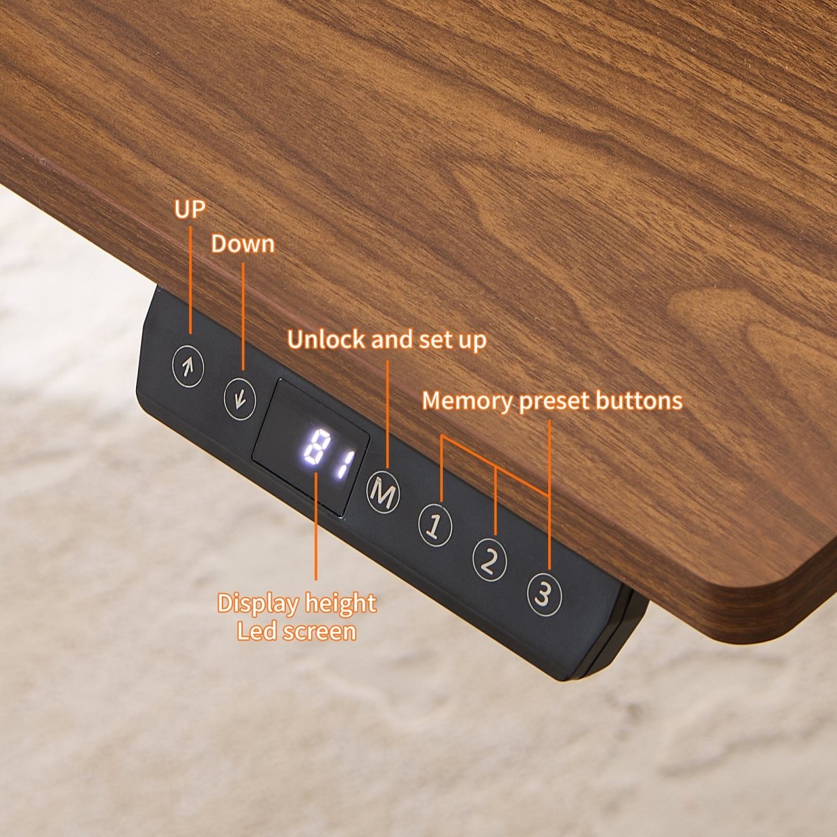 Standing desk control panel with height display and three memory buttons