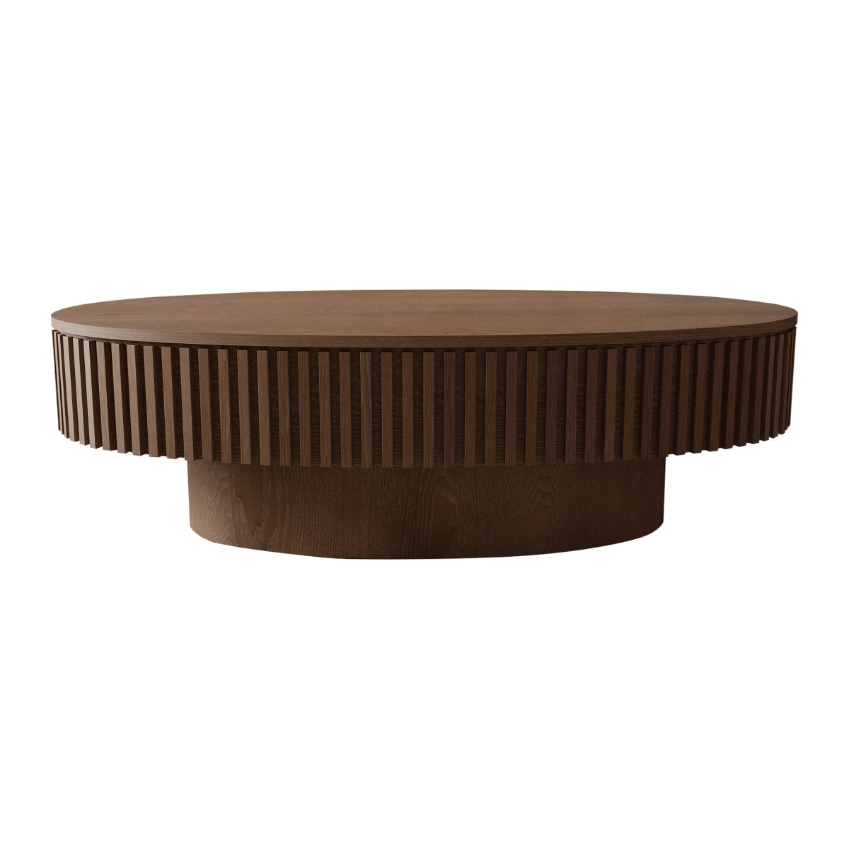 Top isolated view of the walnut oval coffee table showing the elongated oval tabletop and wood-grain surface.