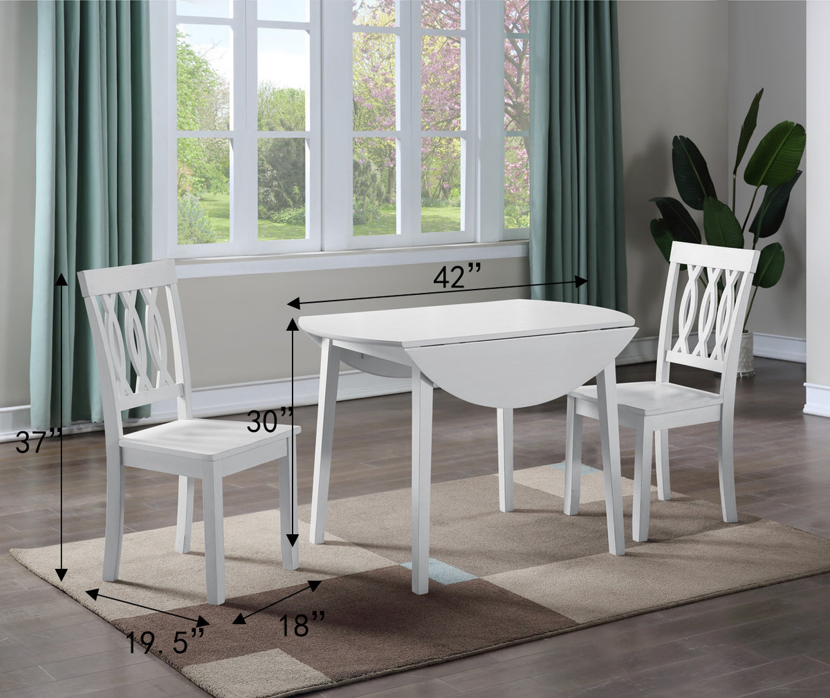 Dimension diagram showing a 42-inch table length, 30-inch table height, and chair measurements