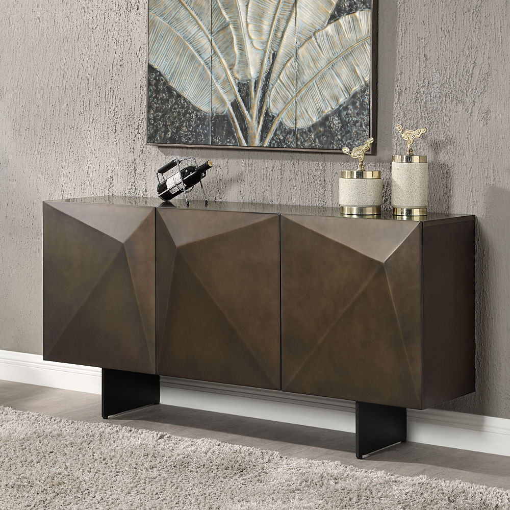 Malika 63"  Dining Room Geometric Server with Ceramic Top and Geometric Faceted Doors