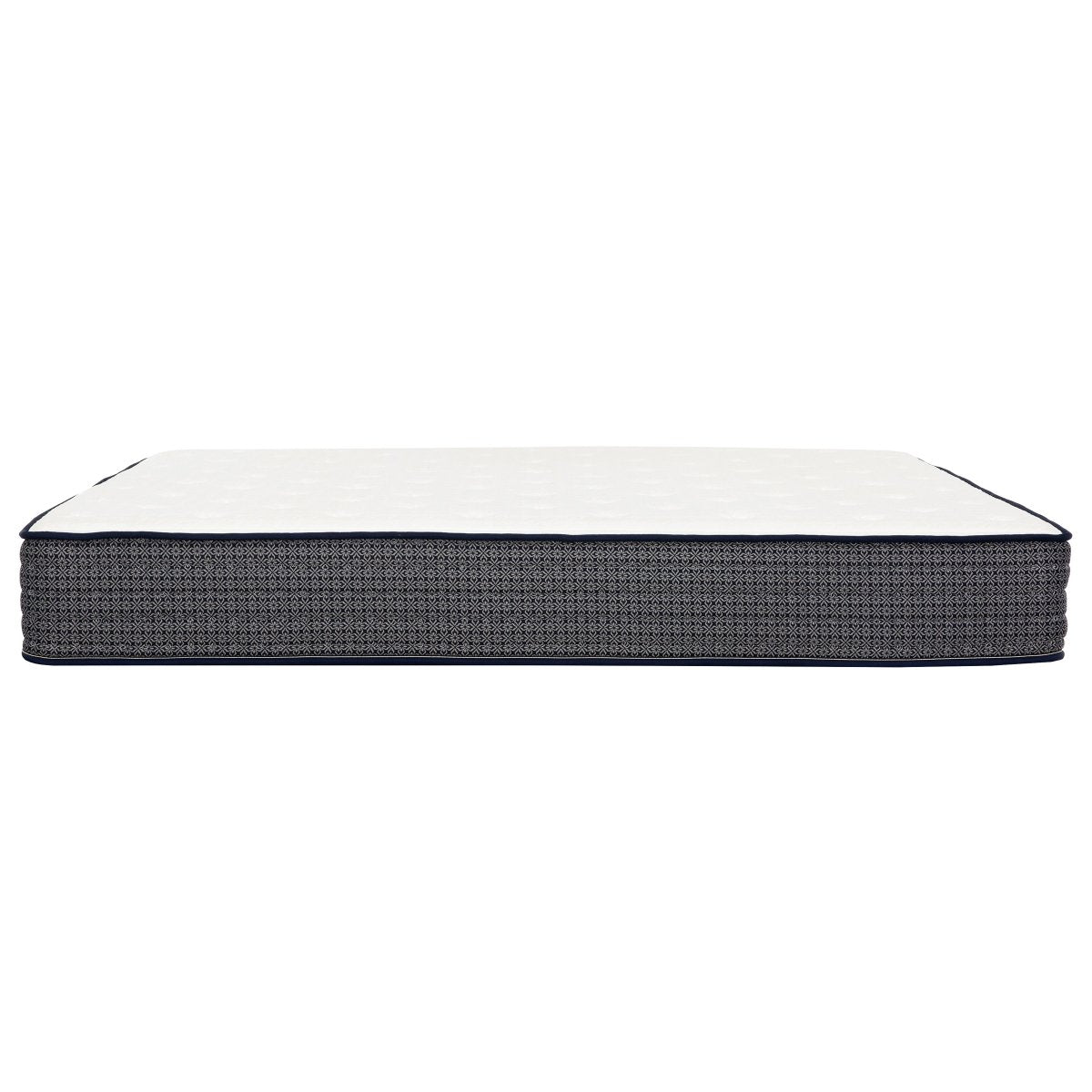 Side view of the Polar Hybrid TT 10-inch queen mattress showing its white top, dark gray patterned border and navy piping.