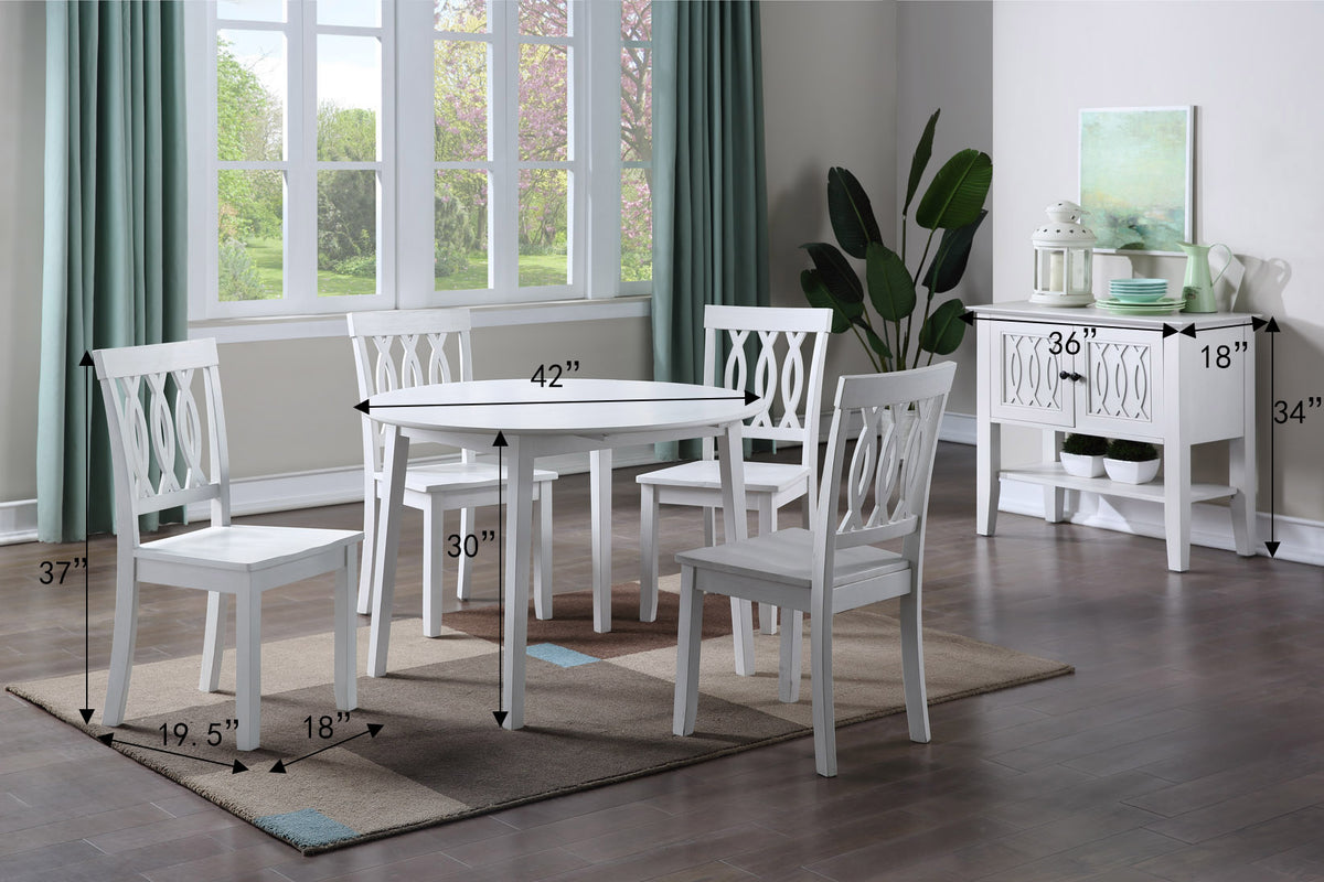 Dimension diagram of a white round table, four chairs, and a separate sideboard