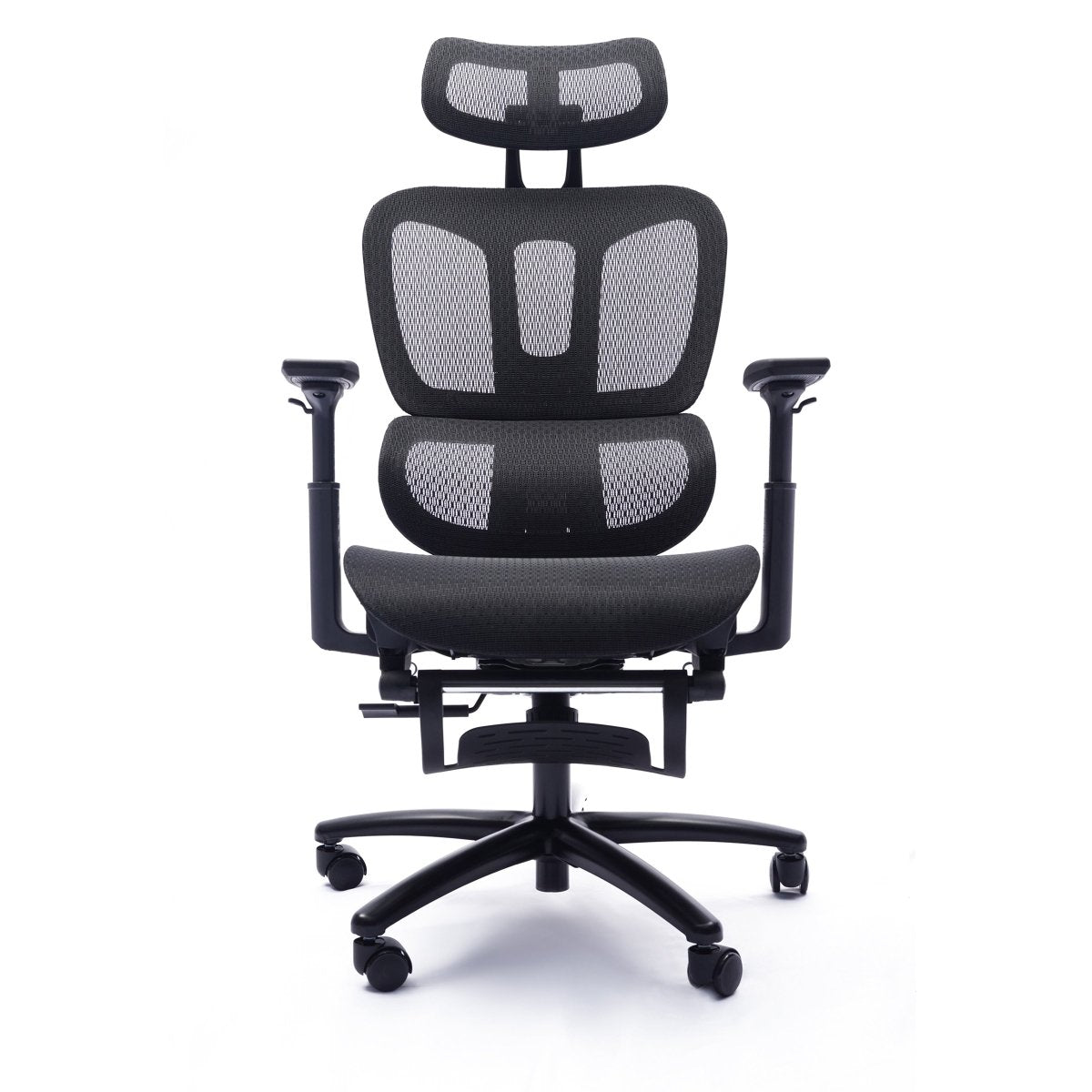Front view of the Sealy Huxley black mesh office chair with a high back, headrest, adjustable armrests and five-wheel base.